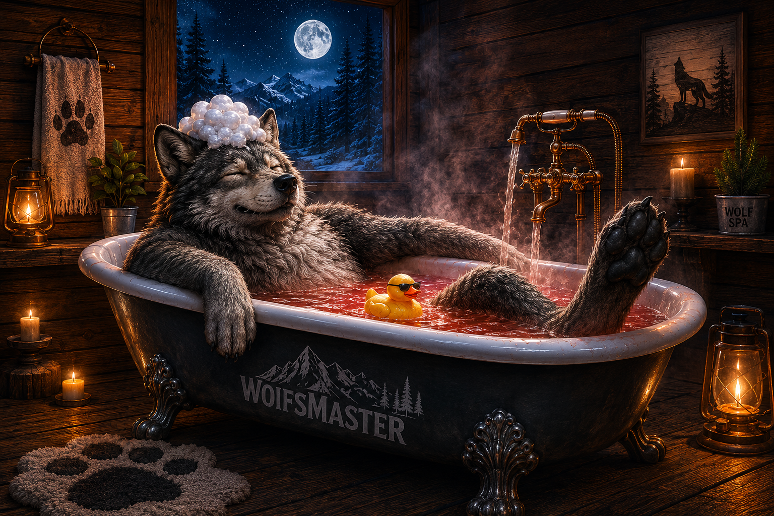 Wolf im Warmwasserbad
